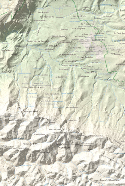 Mapa de relieve de Roca Corbatera, 1163 m, Priorat, lámina 100 Cims de Trobart. Detalle de la zona superior izquierda. 61 × 91 cm.