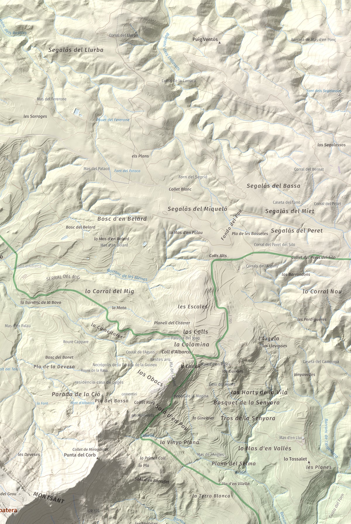Mapa de relieve de Roca Corbatera, 1163 m, Priorat, lámina 100 Cims de Trobart. Detalle de la zona superior derecha. 61 × 91 cm.