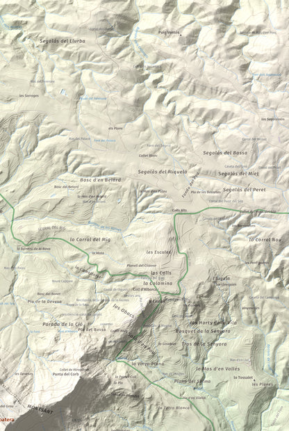 Mapa de relieve de Roca Corbatera, 1163 m, Priorat, lámina 100 Cims de Trobart. Detalle de la zona superior derecha. 61 × 91 cm.