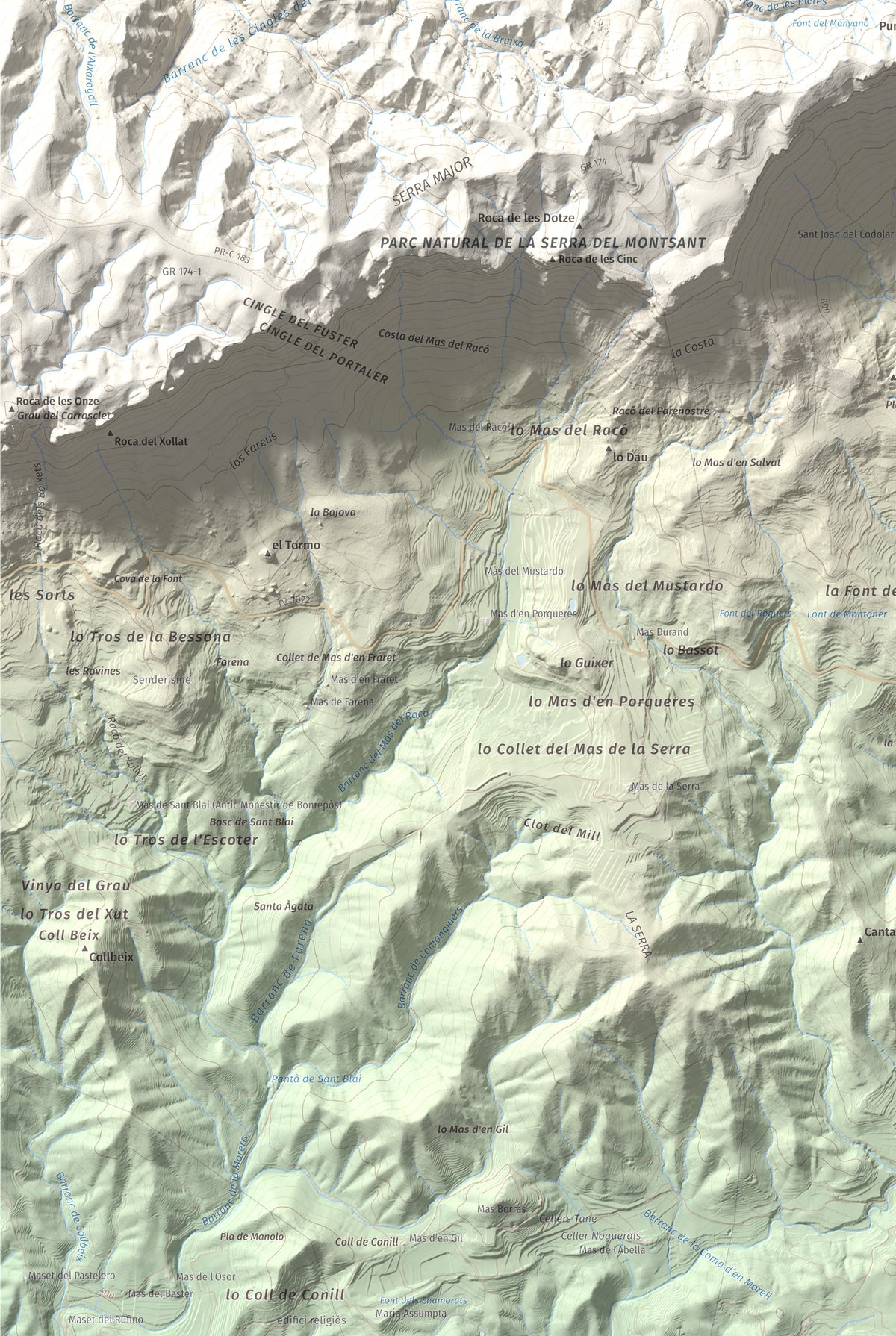 Mapa de relieve de Roca Corbatera, 1163 m, Priorat, lámina 100 Cims de Trobart. Detalle de la zona inferior izquierda. 61 × 91 cm.