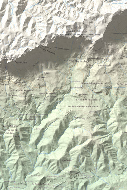 Mapa de relieve de Roca Corbatera, 1163 m, Priorat, lámina 100 Cims de Trobart. Detalle de la zona inferior izquierda. 61 × 91 cm.