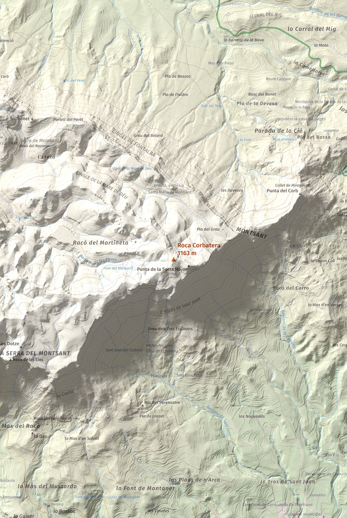 Mapa de relieve de Roca Corbatera, 1163 m, Priorat, lámina 100 Cims de Trobart. Detalle de la zona central. 61 × 91 cm.