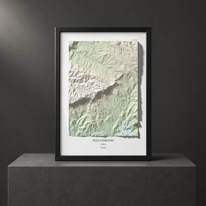 Mapa de relieve de Roca Corbatera, 1163 m, Priorat, lámina 100 Cims de Trobart. Presentación enmarcada. 70 × 100 cm.
