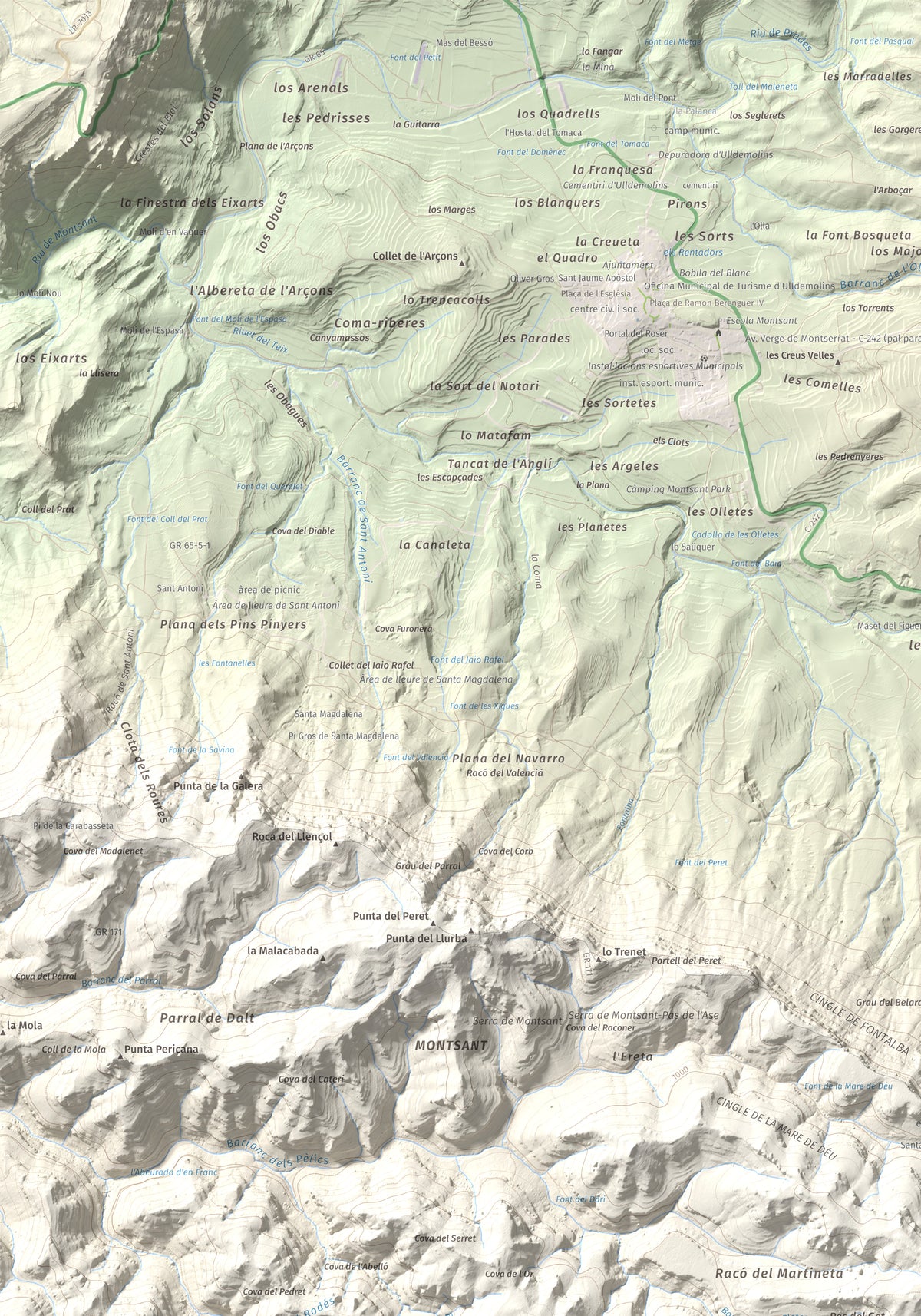 Mapa de relieve de Roca Corbatera, 1163 m, Priorat, lámina 100 Cims de Trobart. Detalle de la zona superior izquierda. 70 × 100 cm.