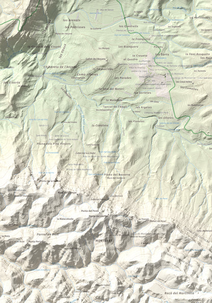 Mapa de relieve de Roca Corbatera, 1163 m, Priorat, lámina 100 Cims de Trobart. Detalle de la zona superior izquierda. 70 × 100 cm.