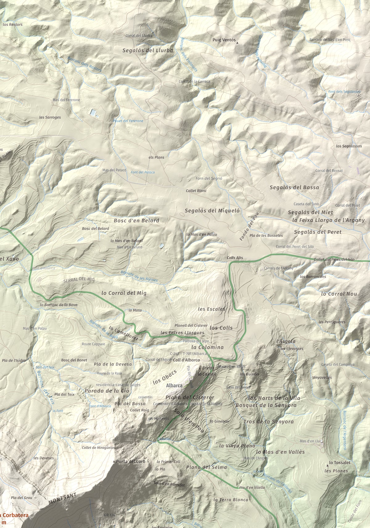 Mapa de relieve de Roca Corbatera, 1163 m, Priorat, lámina 100 Cims de Trobart. Detalle de la zona superior derecha. 70 × 100 cm.