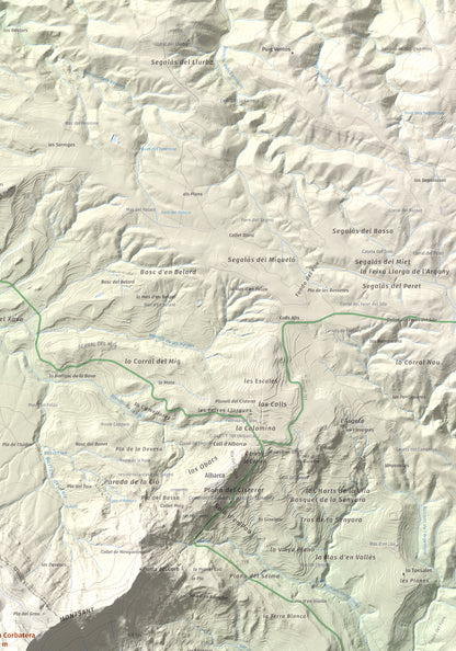 Mapa de relieve de Roca Corbatera, 1163 m, Priorat, lámina 100 Cims de Trobart. Detalle de la zona superior derecha. 70 × 100 cm.