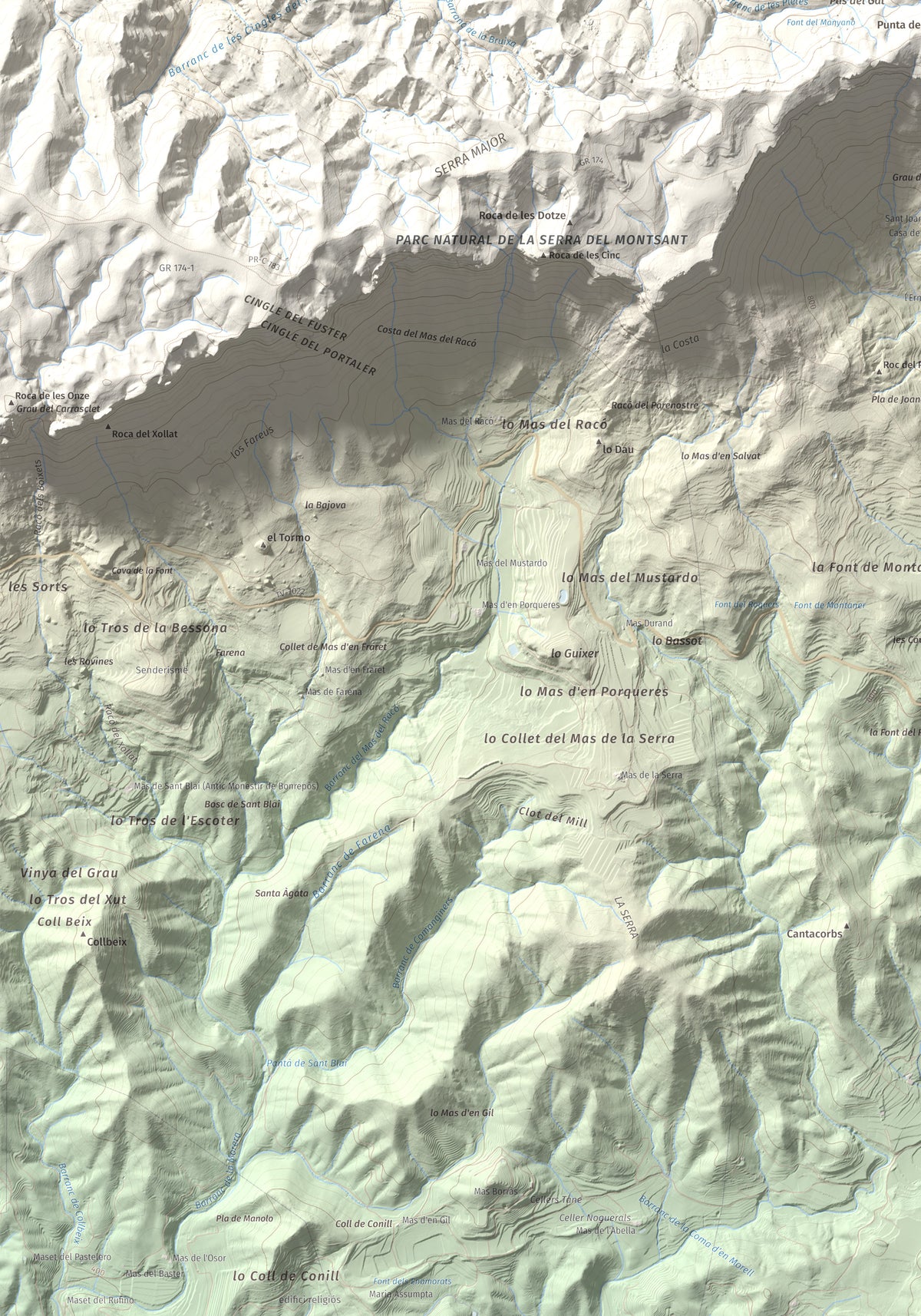 Mapa de relieve de Roca Corbatera, 1163 m, Priorat, lámina 100 Cims de Trobart. Detalle de la zona inferior izquierda. 70 × 100 cm.