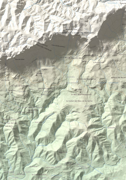 Mapa de relieve de Roca Corbatera, 1163 m, Priorat, lámina 100 Cims de Trobart. Detalle de la zona inferior izquierda. 70 × 100 cm.