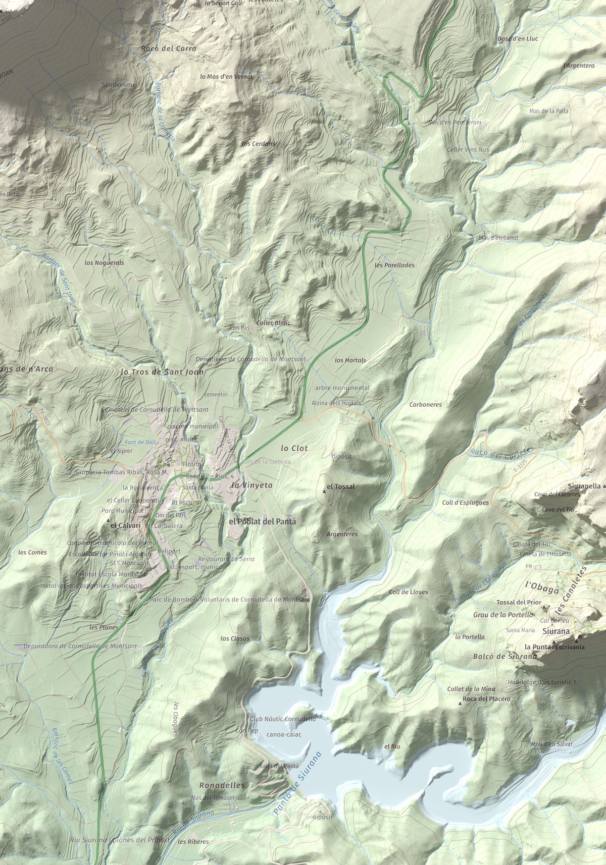 Mapa de relieve de Roca Corbatera, 1163 m, Priorat, lámina 100 Cims de Trobart. Detalle de la zona inferior derecha. 70 × 100 cm.