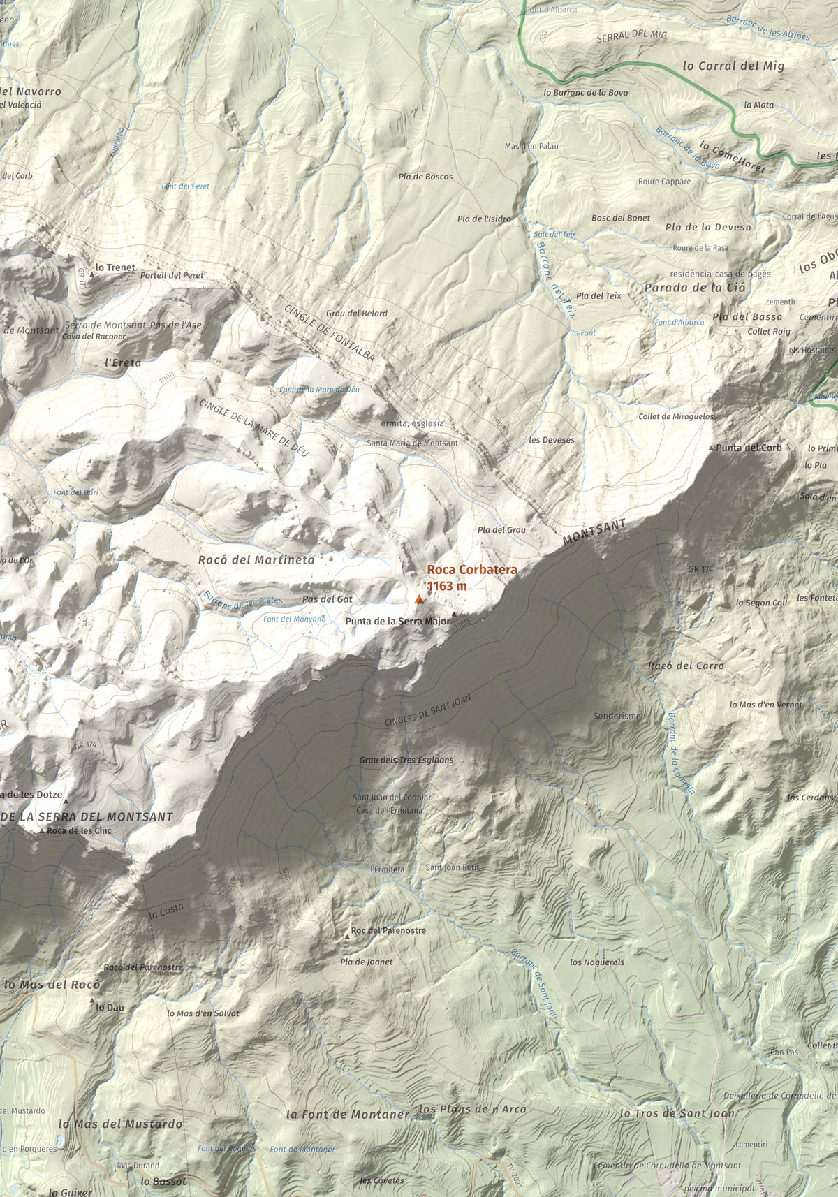 Mapa de relieve de Roca Corbatera, 1163 m, Priorat, lámina 100 Cims de Trobart. Detalle de la zona central. 70 × 100 cm.