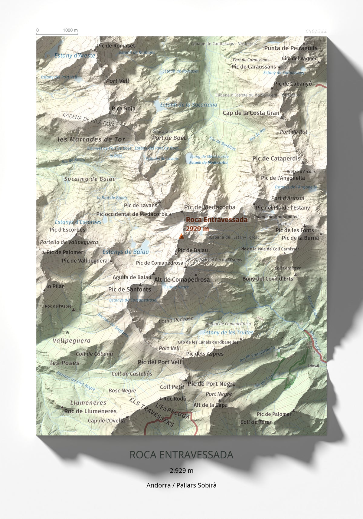 Mapa de relieve de Roca Entravessada, 2929 m, Andorra · Pallars Sobirà, lámina 100 Cims de Trobart 21 × 30 cm.