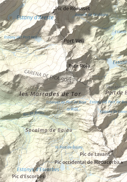 Mapa de relieve de Roca Entravessada, 2929 m, Andorra · Pallars Sobirà, lámina 100 Cims de Trobart. Detalle de la zona superior izquierda. 21 × 30 cm.