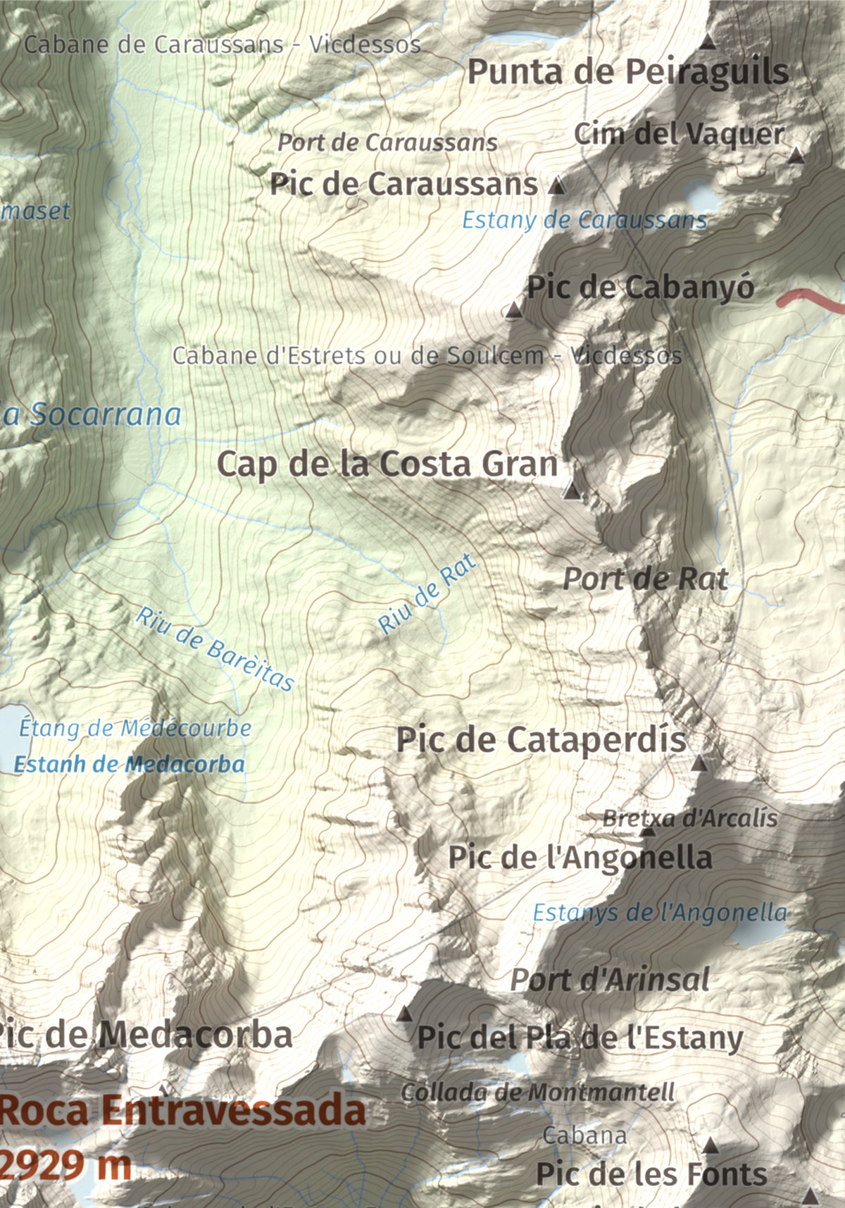 Mapa de relieve de Roca Entravessada, 2929 m, Andorra · Pallars Sobirà, lámina 100 Cims de Trobart. Detalle de la zona superior derecha. 21 × 30 cm.