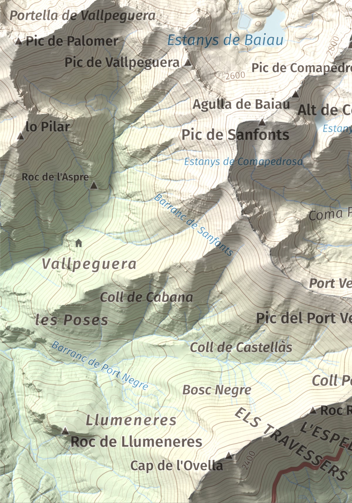 Mapa de relieve de Roca Entravessada, 2929 m, Andorra · Pallars Sobirà, lámina 100 Cims de Trobart. Detalle de la zona inferior izquierda. 21 × 30 cm.