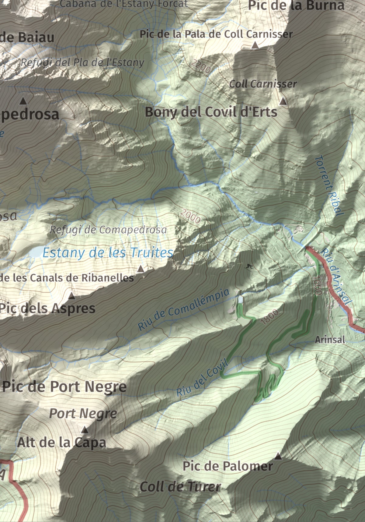 Mapa de relieve de Roca Entravessada, 2929 m, Andorra · Pallars Sobirà, lámina 100 Cims de Trobart. Detalle de la zona inferior derecha. 21 × 30 cm.