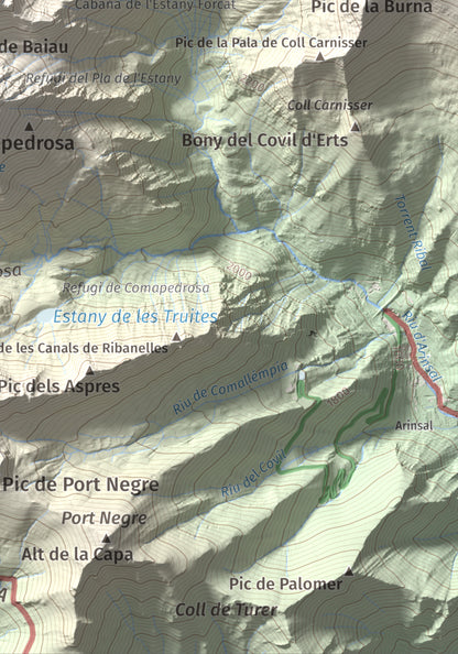 Mapa de relieve de Roca Entravessada, 2929 m, Andorra · Pallars Sobirà, lámina 100 Cims de Trobart. Detalle de la zona inferior derecha. 21 × 30 cm.