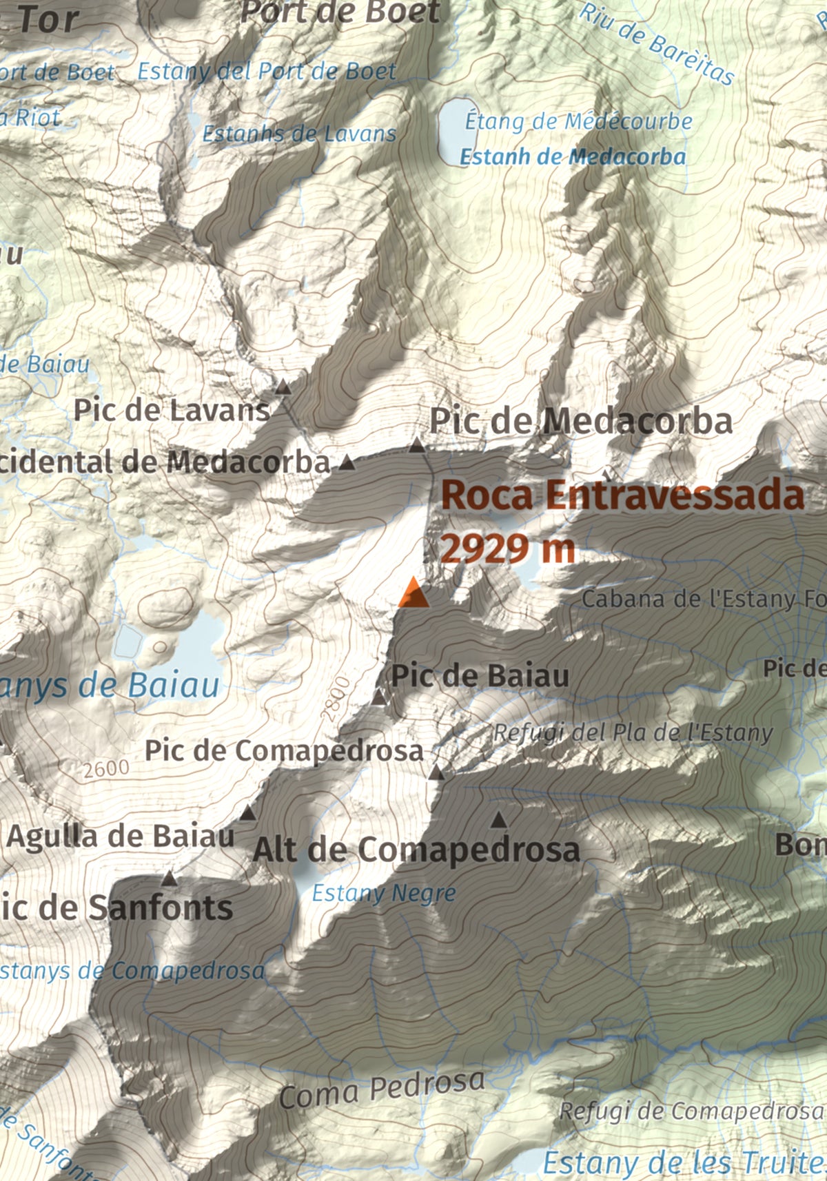 Mapa de relieve de Roca Entravessada, 2929 m, Andorra · Pallars Sobirà, lámina 100 Cims de Trobart. Detalle de la zona central. 21 × 30 cm.