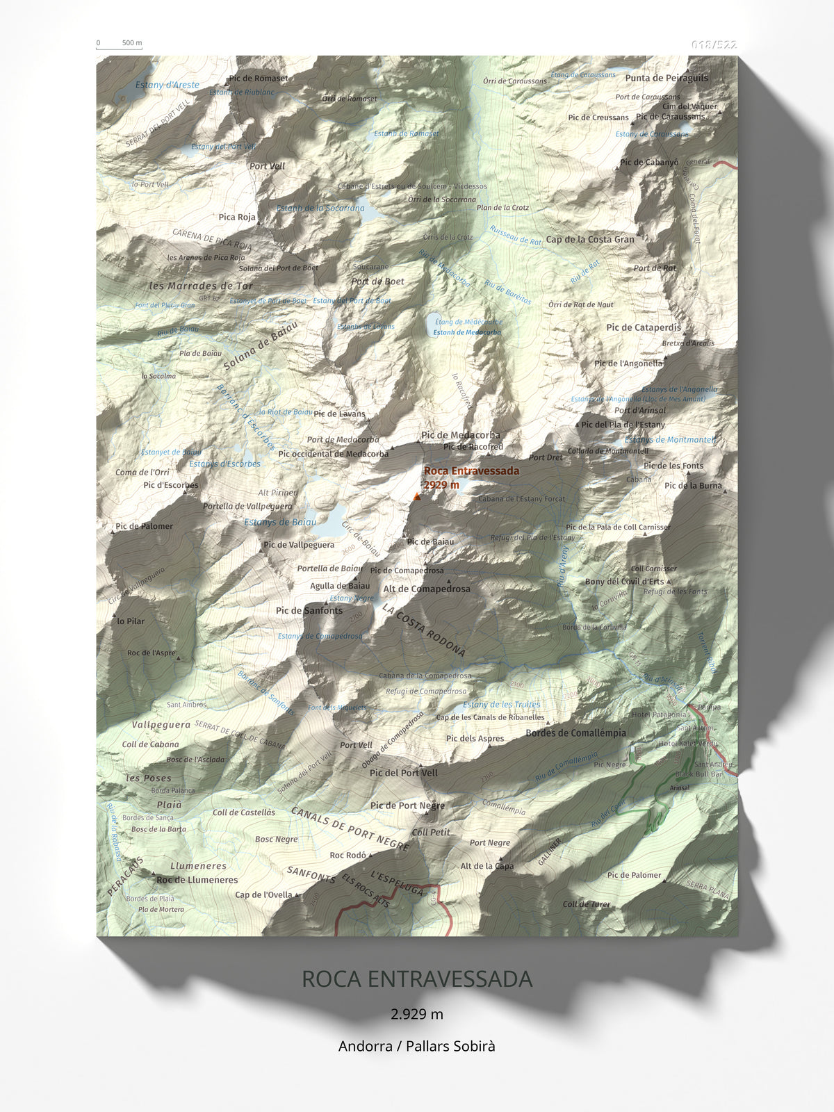 Mapa de relieve de Roca Entravessada, 2929 m, Andorra · Pallars Sobirà, lámina 100 Cims de Trobart 30 × 40 cm.
