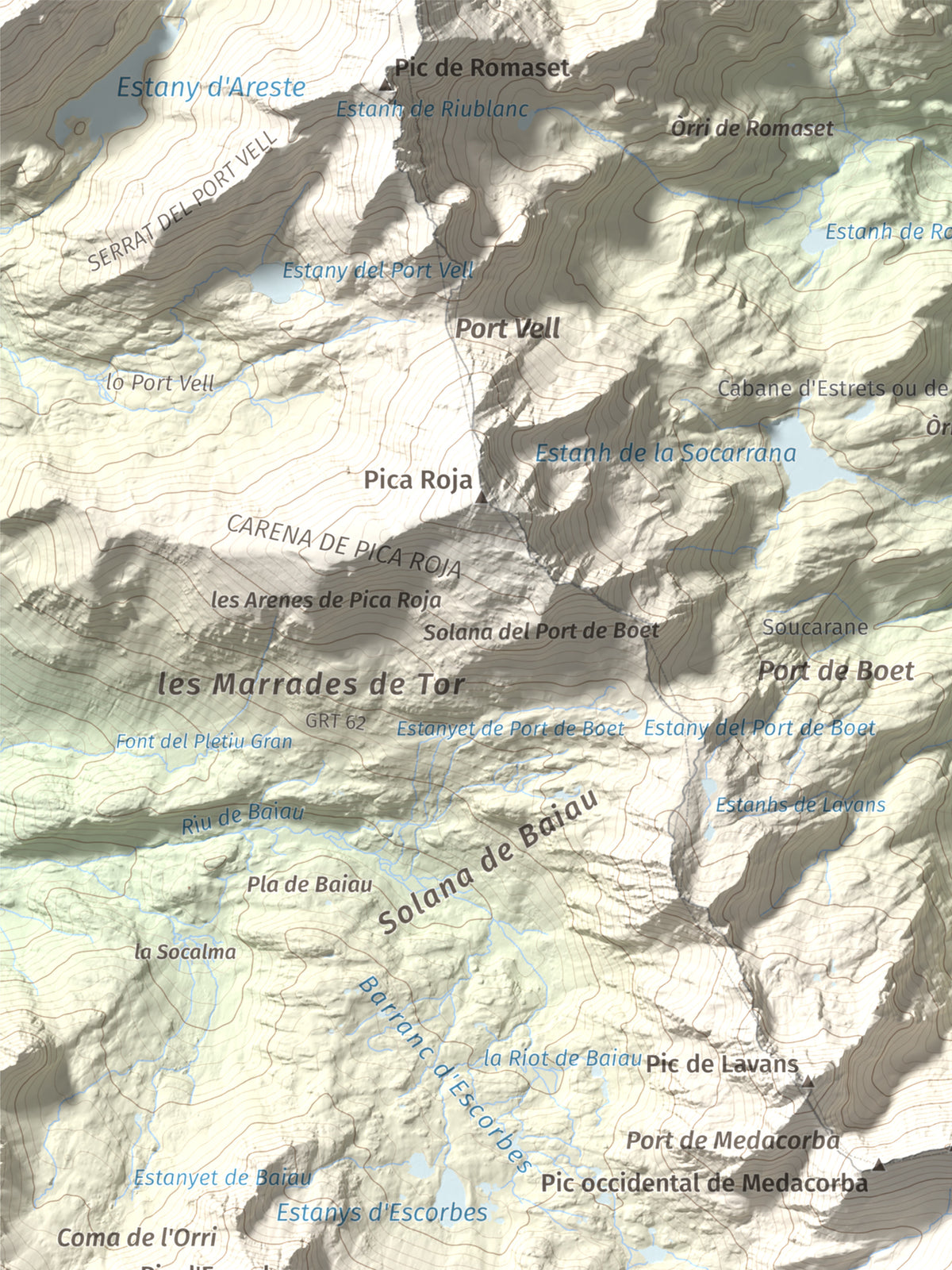 Mapa de relieve de Roca Entravessada, 2929 m, Andorra · Pallars Sobirà, lámina 100 Cims de Trobart. Detalle de la zona superior izquierda. 30 × 40 cm.