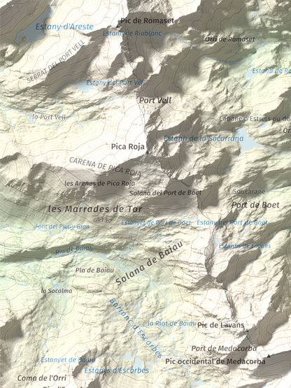 Mapa de relieve de Roca Entravessada, 2929 m, Andorra · Pallars Sobirà, lámina 100 Cims de Trobart. Detalle de la zona superior izquierda. 30 × 40 cm.