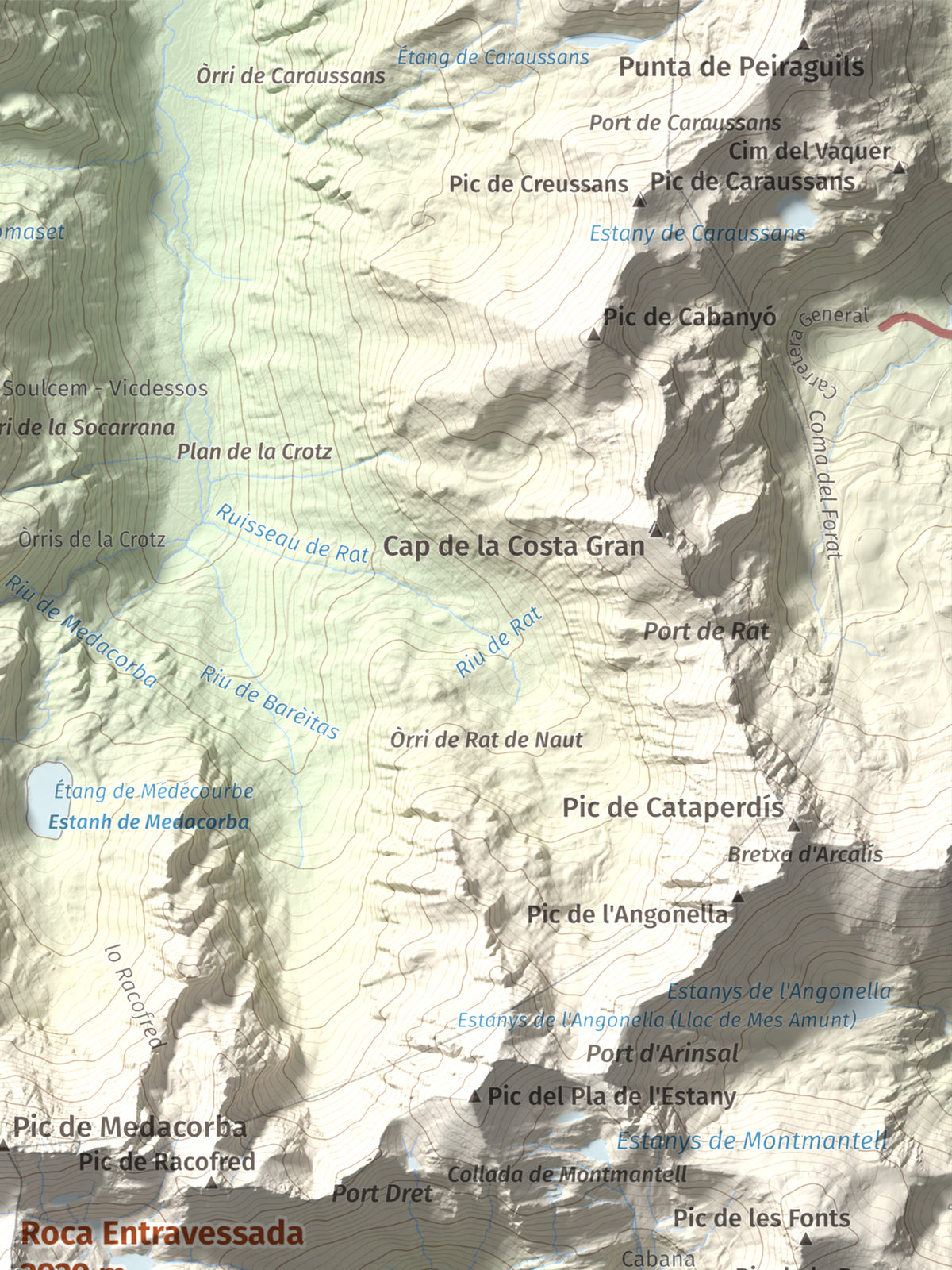Mapa de relieve de Roca Entravessada, 2929 m, Andorra · Pallars Sobirà, lámina 100 Cims de Trobart. Detalle de la zona superior derecha. 30 × 40 cm.