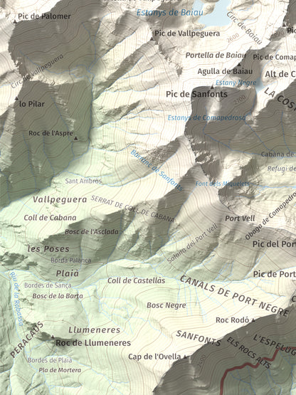 Mapa de relieve de Roca Entravessada, 2929 m, Andorra · Pallars Sobirà, lámina 100 Cims de Trobart. Detalle de la zona inferior izquierda. 30 × 40 cm.