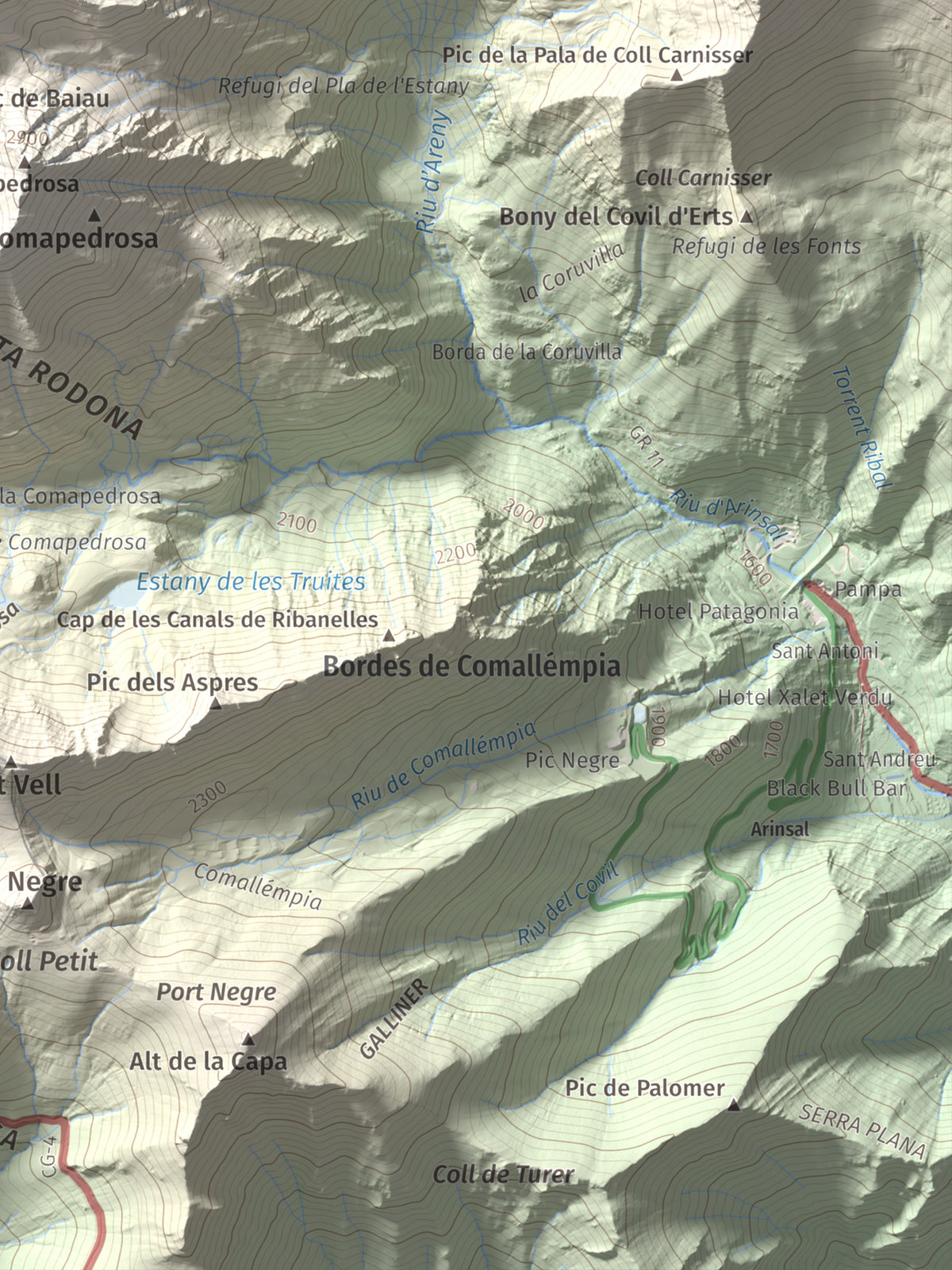 Mapa de relieve de Roca Entravessada, 2929 m, Andorra · Pallars Sobirà, lámina 100 Cims de Trobart. Detalle de la zona inferior derecha. 30 × 40 cm.