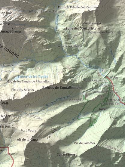 Mapa de relieve de Roca Entravessada, 2929 m, Andorra · Pallars Sobirà, lámina 100 Cims de Trobart. Detalle de la zona inferior derecha. 30 × 40 cm.