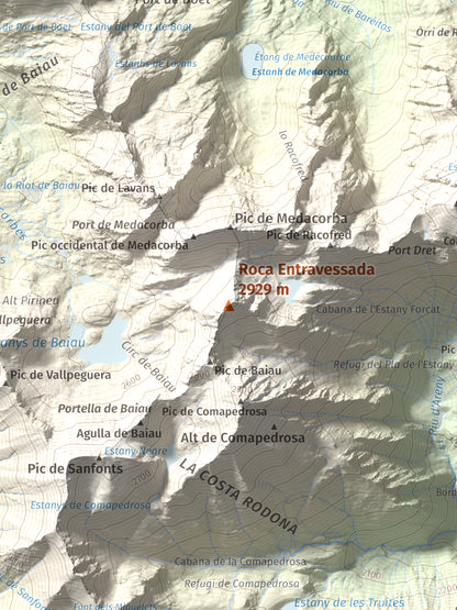 Mapa de relieve de Roca Entravessada, 2929 m, Andorra · Pallars Sobirà, lámina 100 Cims de Trobart. Detalle de la zona central. 30 × 40 cm.
