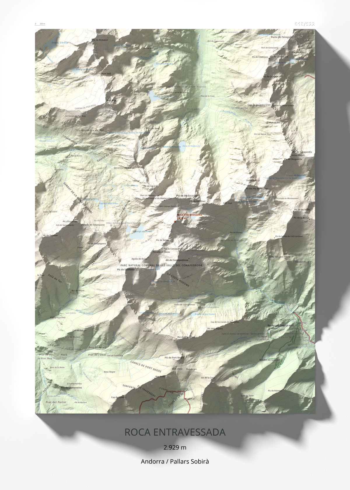 Mapa de relieve de Roca Entravessada, 2929 m, Andorra · Pallars Sobirà, lámina 100 Cims de Trobart 50 × 70 cm.