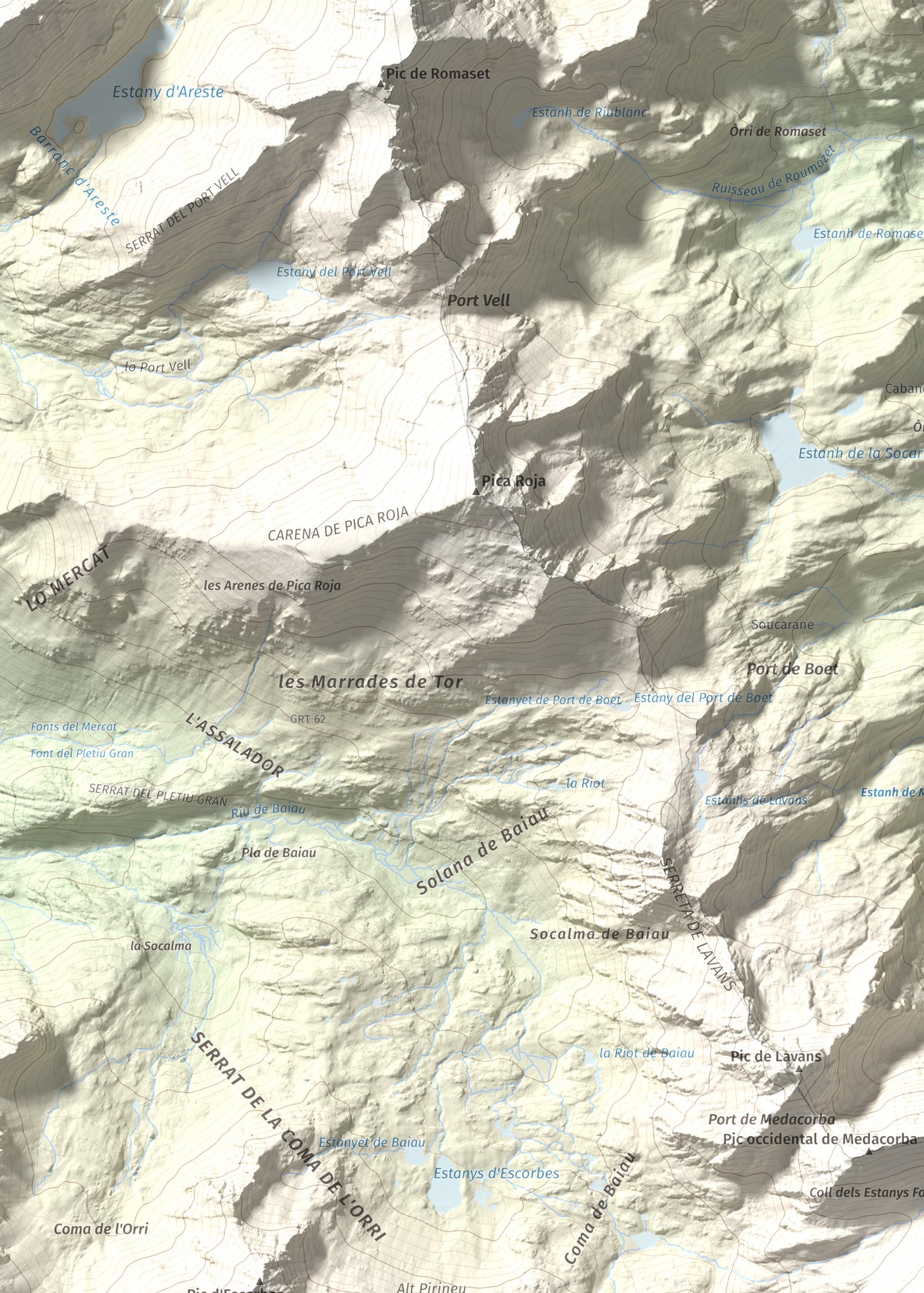 Mapa de relieve de Roca Entravessada, 2929 m, Andorra · Pallars Sobirà, lámina 100 Cims de Trobart. Detalle de la zona superior izquierda. 50 × 70 cm.
