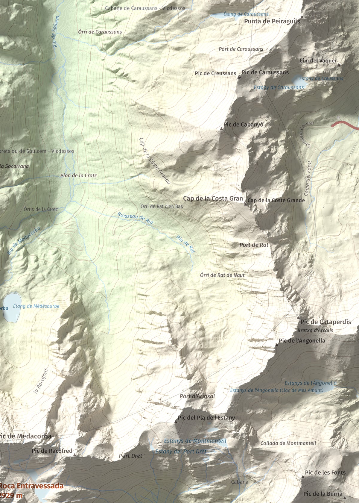 Mapa de relieve de Roca Entravessada, 2929 m, Andorra · Pallars Sobirà, lámina 100 Cims de Trobart. Detalle de la zona superior derecha. 50 × 70 cm.