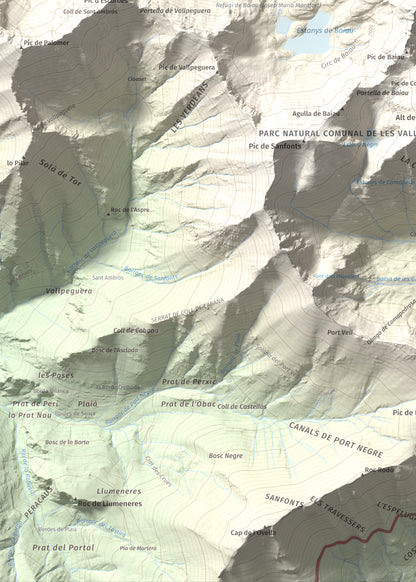 Mapa de relieve de Roca Entravessada, 2929 m, Andorra · Pallars Sobirà, lámina 100 Cims de Trobart. Detalle de la zona inferior izquierda. 50 × 70 cm.