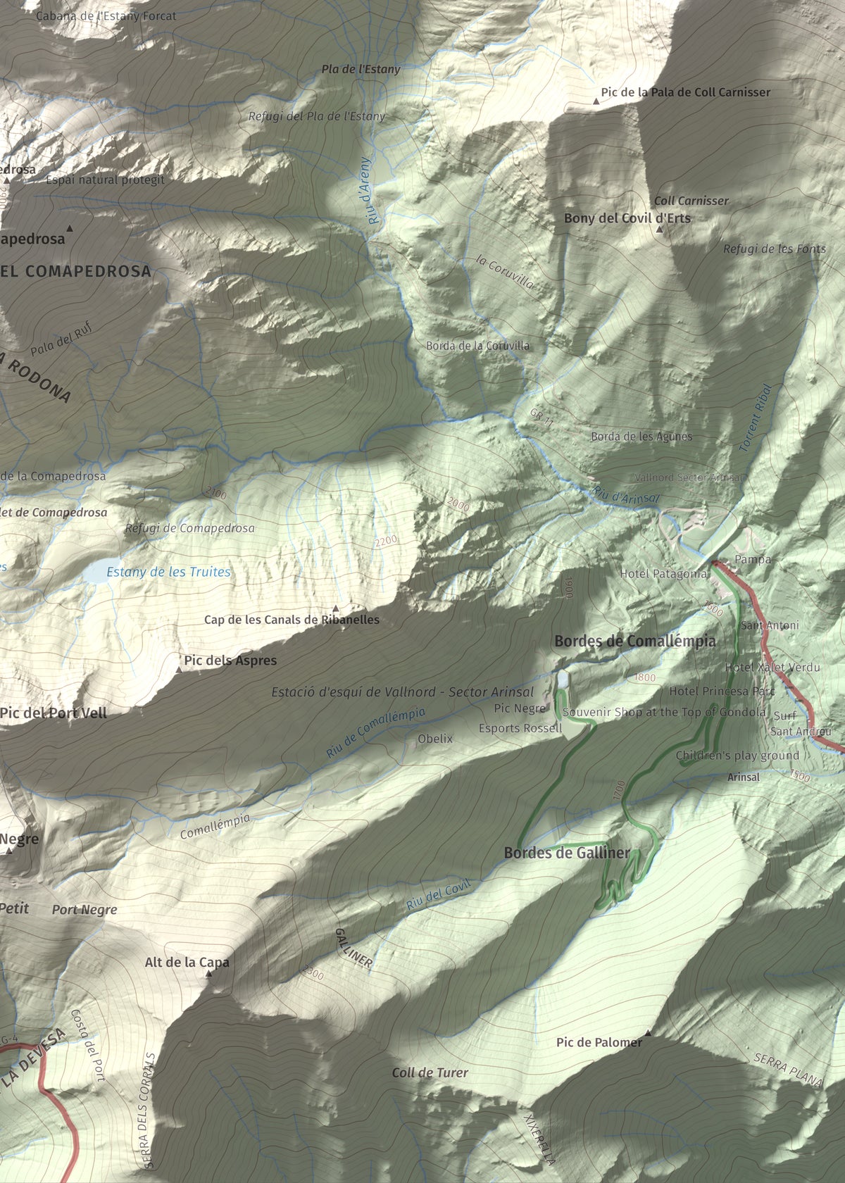 Mapa de relieve de Roca Entravessada, 2929 m, Andorra · Pallars Sobirà, lámina 100 Cims de Trobart. Detalle de la zona inferior derecha. 50 × 70 cm.