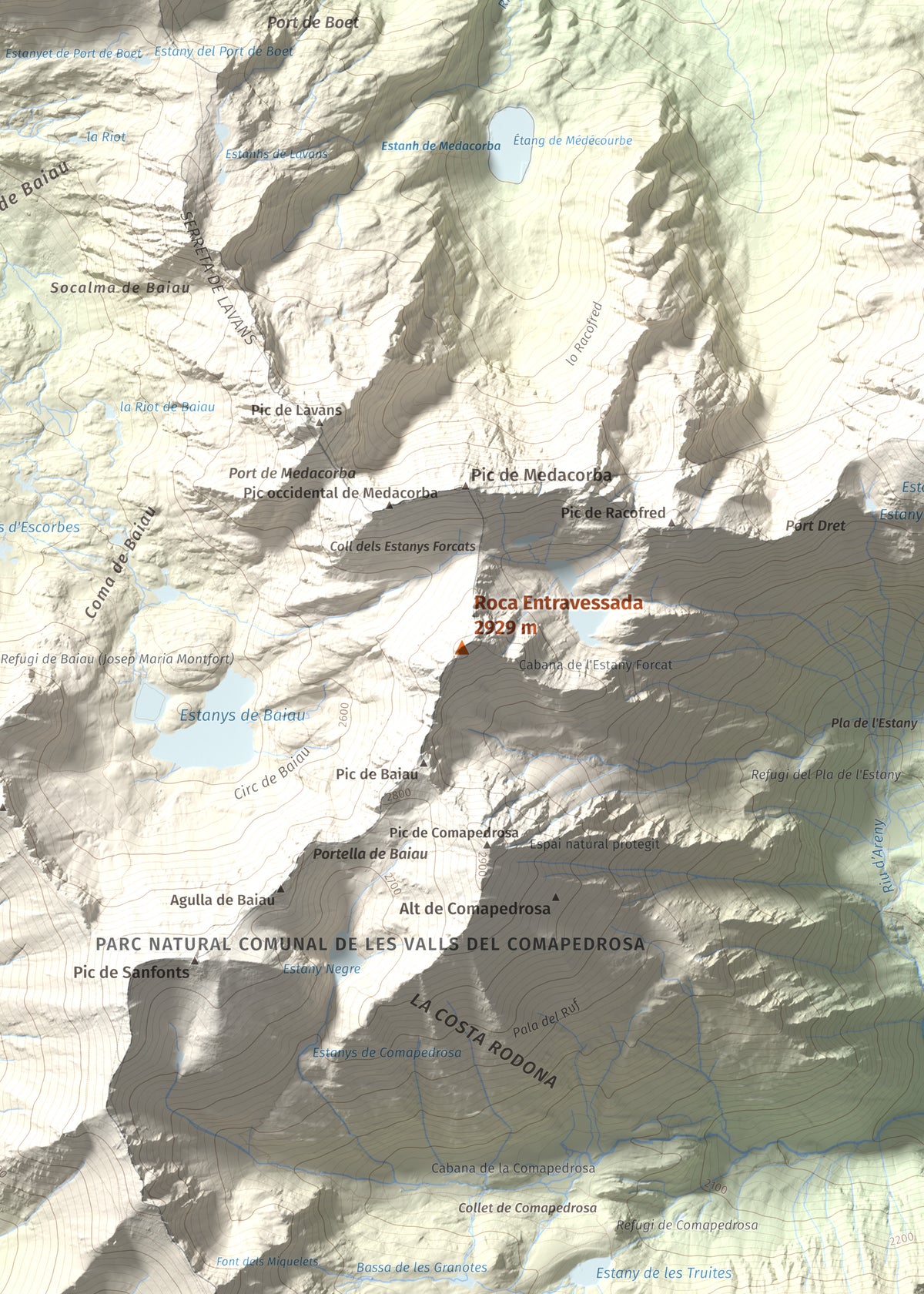 Mapa de relieve de Roca Entravessada, 2929 m, Andorra · Pallars Sobirà, lámina 100 Cims de Trobart. Detalle de la zona central. 50 × 70 cm.