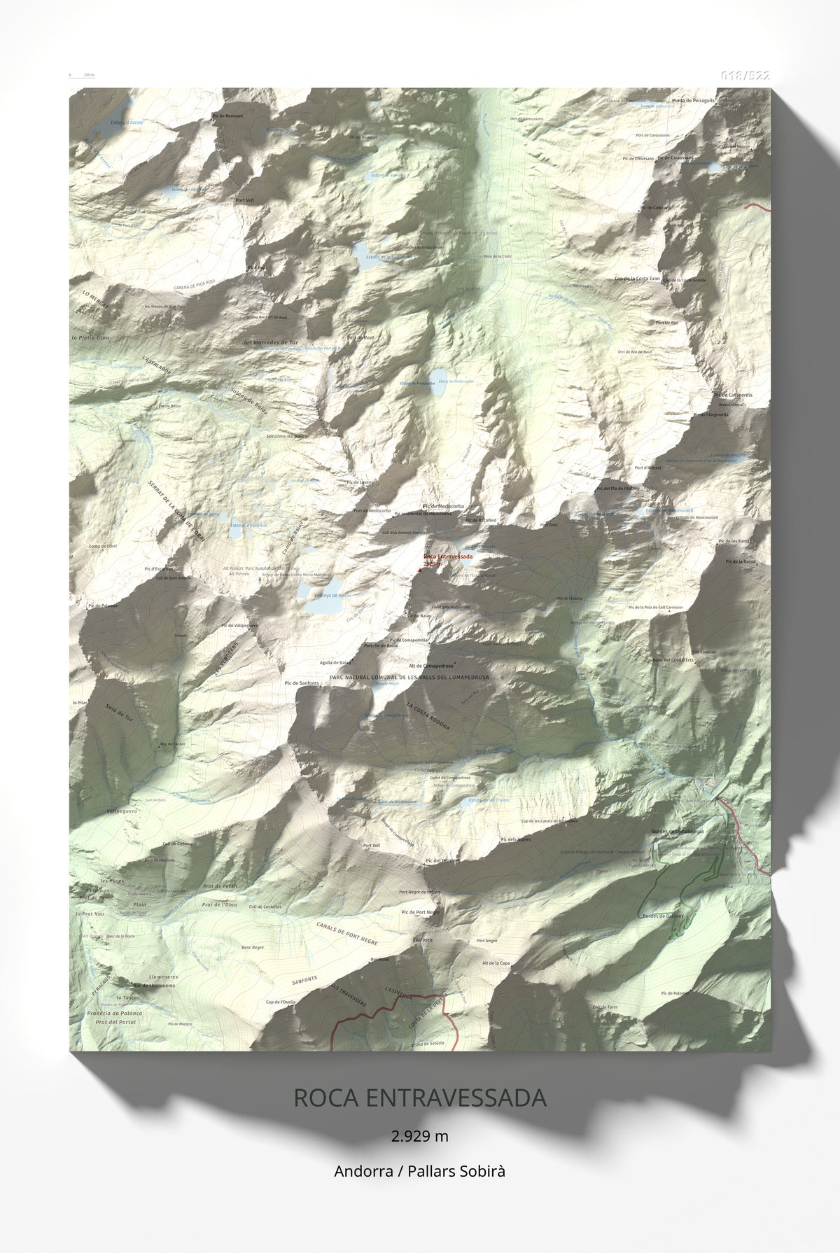 Mapa de relieve de Roca Entravessada, 2929 m, Andorra · Pallars Sobirà, lámina 100 Cims de Trobart 61 × 91 cm.