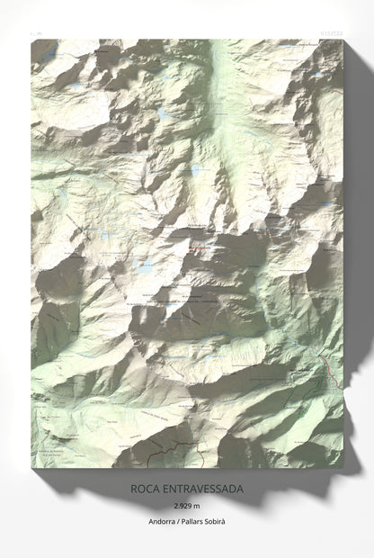 Mapa de relieve de Roca Entravessada, 2929 m, Andorra · Pallars Sobirà, lámina 100 Cims de Trobart 61 × 91 cm.