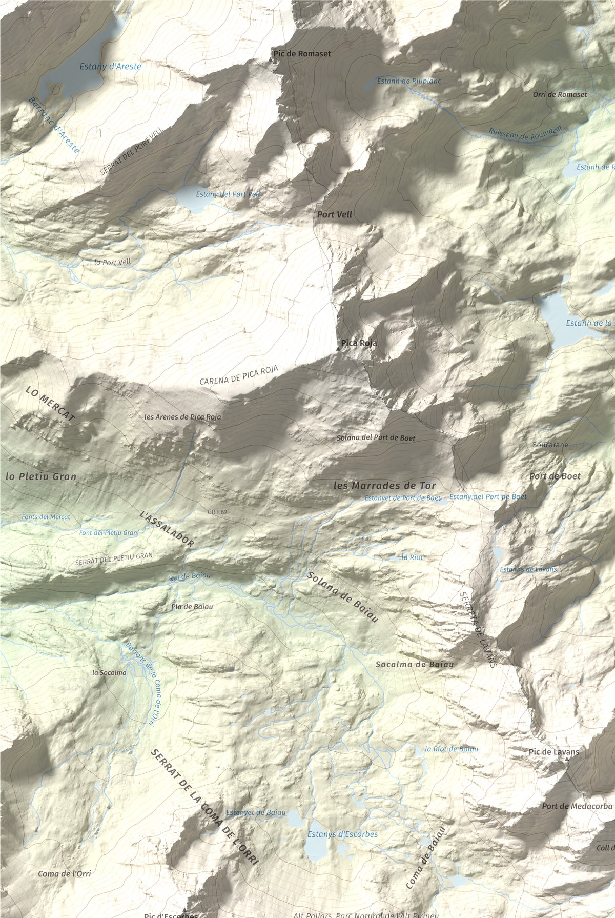 Mapa de relieve de Roca Entravessada, 2929 m, Andorra · Pallars Sobirà, lámina 100 Cims de Trobart. Detalle de la zona superior izquierda. 61 × 91 cm.