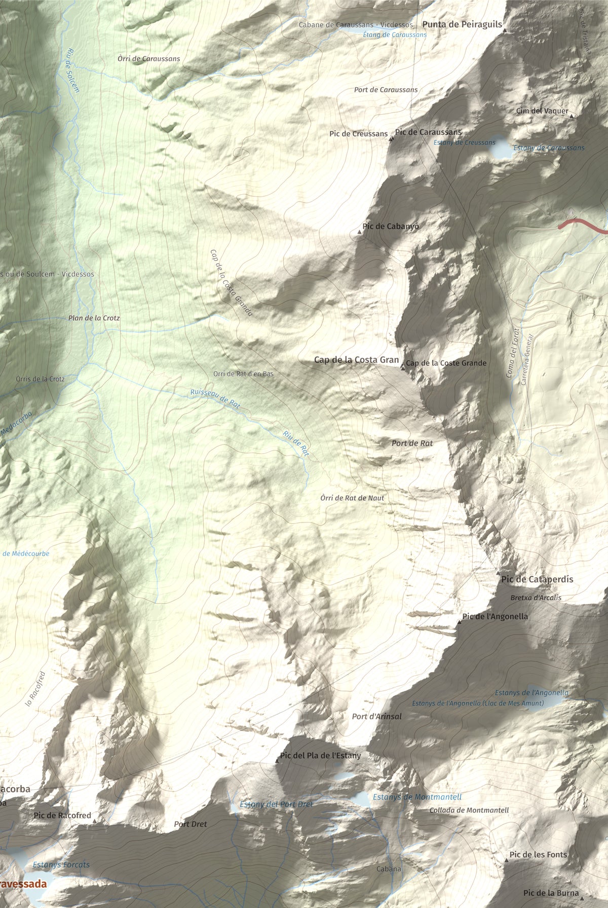 Mapa de relieve de Roca Entravessada, 2929 m, Andorra · Pallars Sobirà, lámina 100 Cims de Trobart. Detalle de la zona superior derecha. 61 × 91 cm.