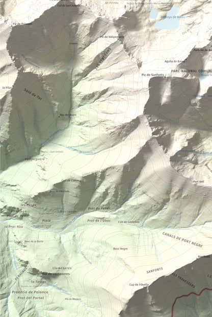 Mapa de relieve de Roca Entravessada, 2929 m, Andorra · Pallars Sobirà, lámina 100 Cims de Trobart. Detalle de la zona inferior izquierda. 61 × 91 cm.