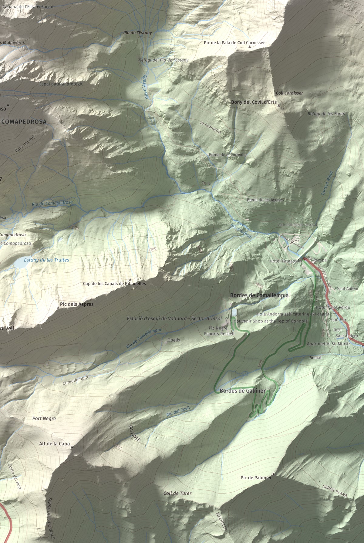 Mapa de relieve de Roca Entravessada, 2929 m, Andorra · Pallars Sobirà, lámina 100 Cims de Trobart. Detalle de la zona inferior derecha. 61 × 91 cm.
