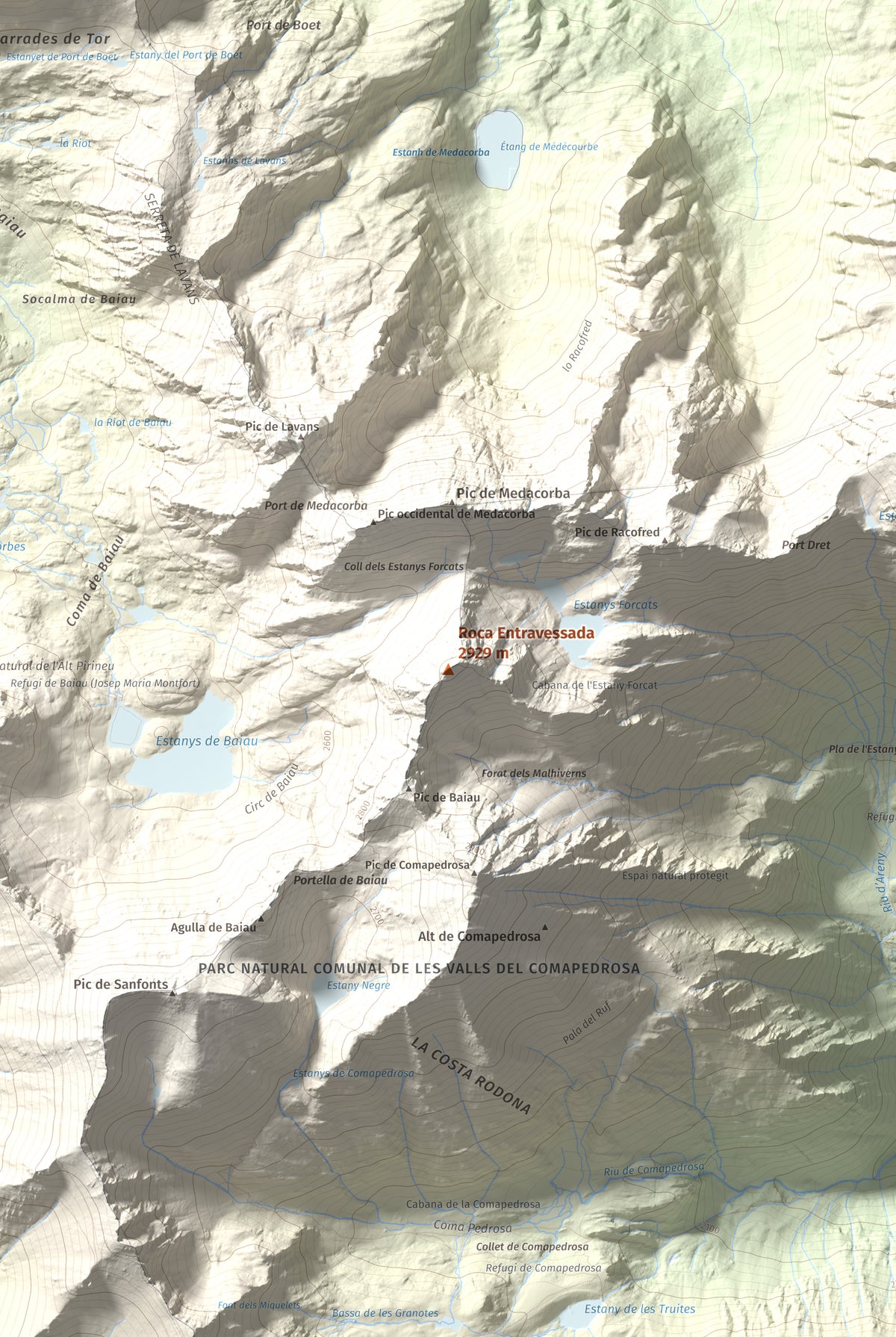 Mapa de relieve de Roca Entravessada, 2929 m, Andorra · Pallars Sobirà, lámina 100 Cims de Trobart. Detalle de la zona central. 61 × 91 cm.