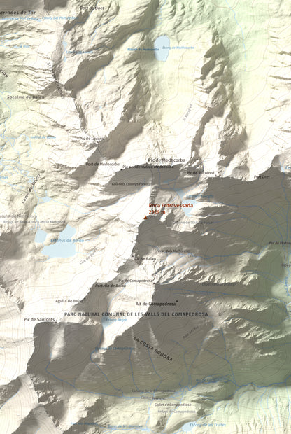 Mapa de relieve de Roca Entravessada, 2929 m, Andorra · Pallars Sobirà, lámina 100 Cims de Trobart. Detalle de la zona central. 61 × 91 cm.