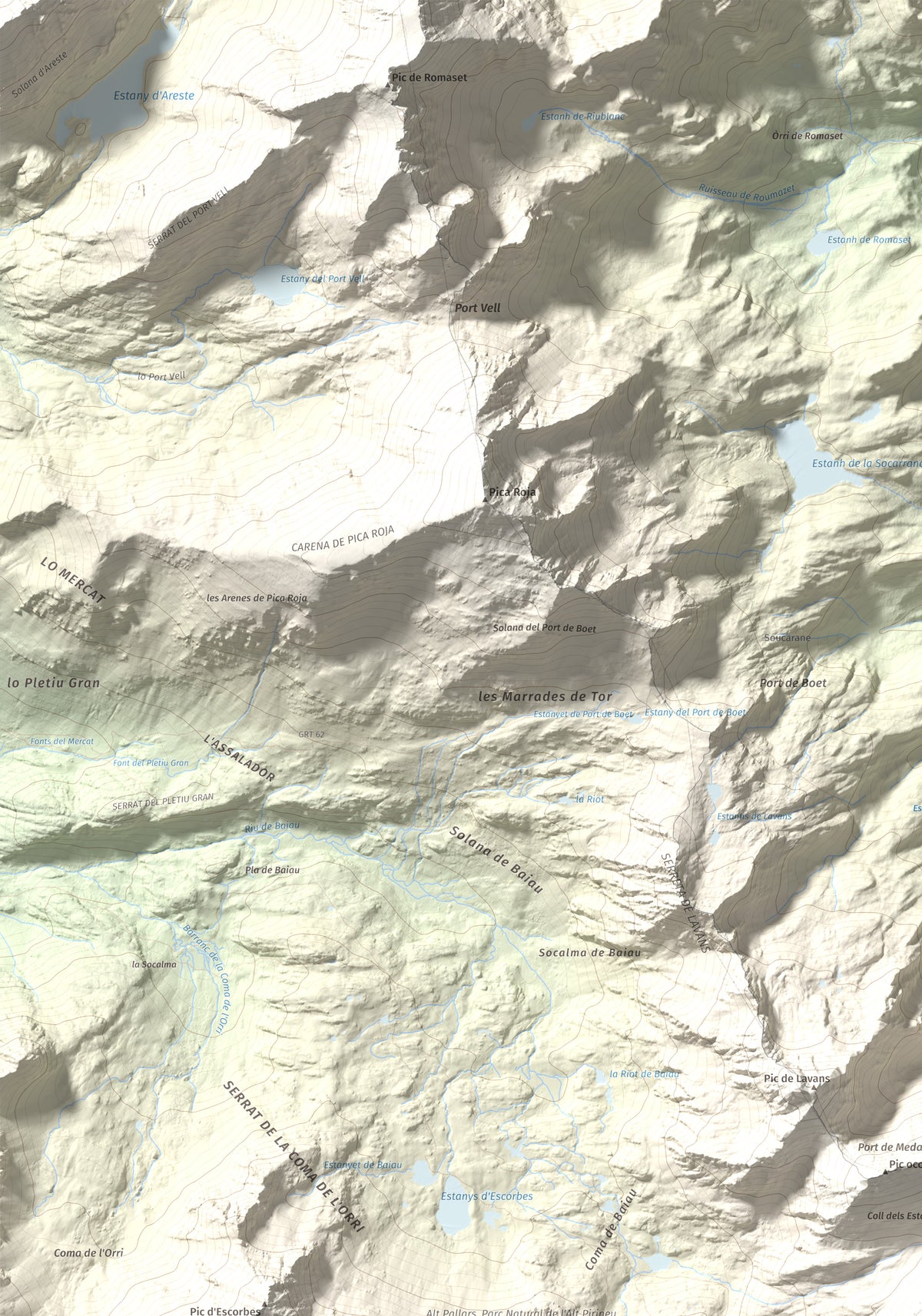 Mapa de relieve de Roca Entravessada, 2929 m, Andorra · Pallars Sobirà, lámina 100 Cims de Trobart. Detalle de la zona superior izquierda. 70 × 100 cm.