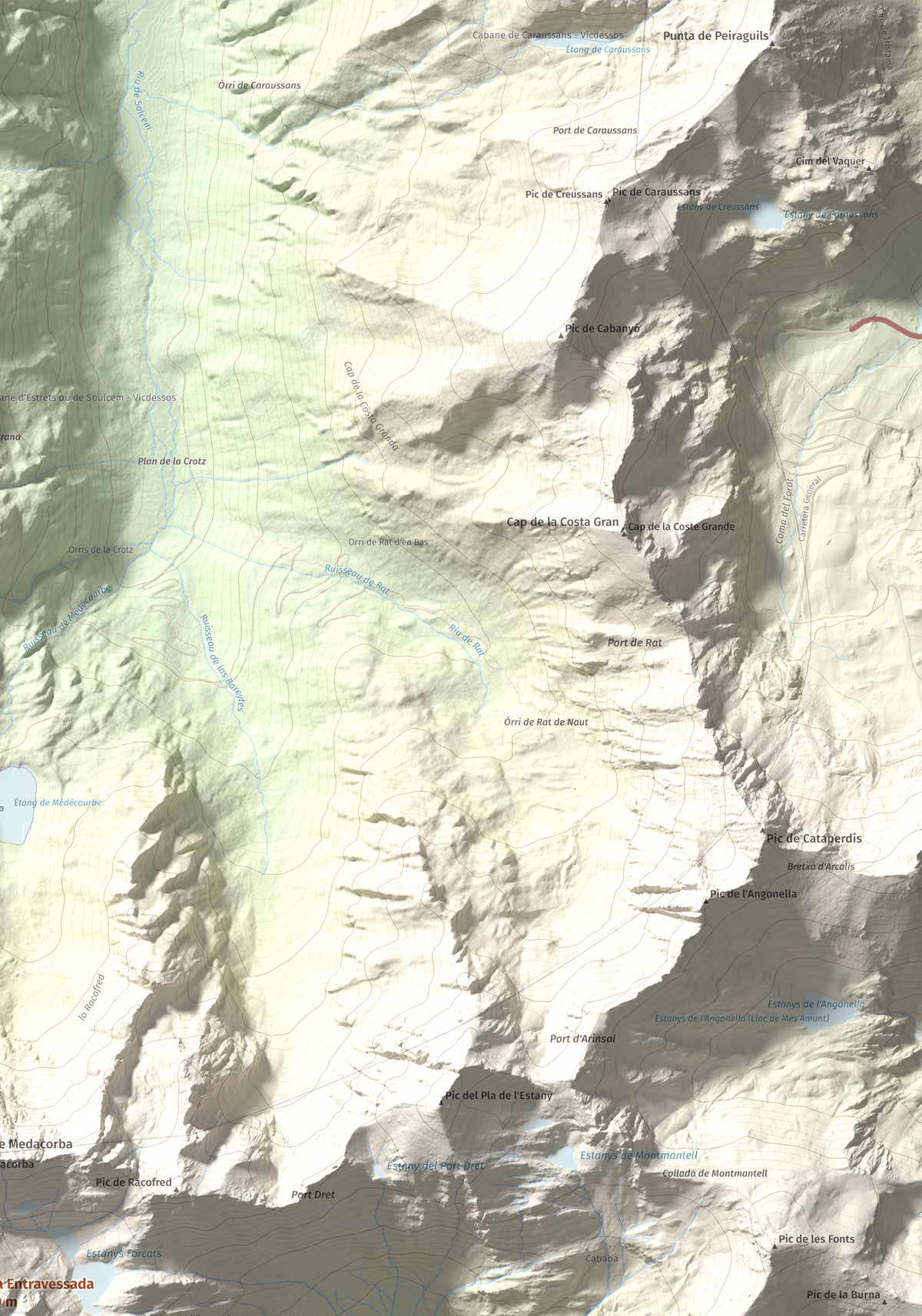 Mapa de relieve de Roca Entravessada, 2929 m, Andorra · Pallars Sobirà, lámina 100 Cims de Trobart. Detalle de la zona superior derecha. 70 × 100 cm.