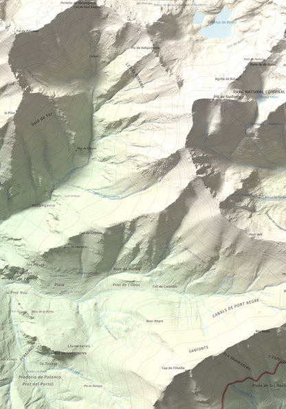 Mapa de relieve de Roca Entravessada, 2929 m, Andorra · Pallars Sobirà, lámina 100 Cims de Trobart. Detalle de la zona inferior izquierda. 70 × 100 cm.