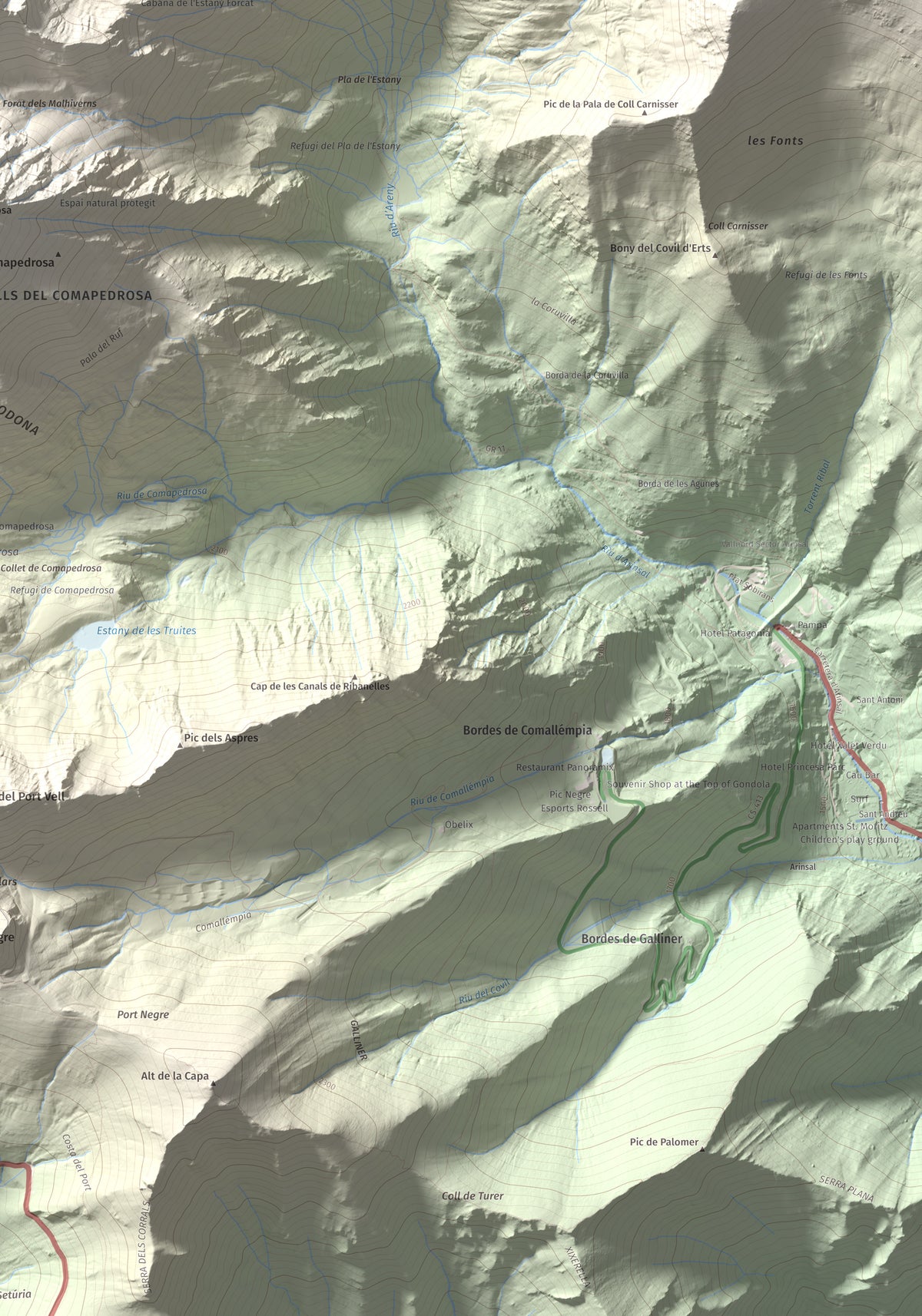 Mapa de relieve de Roca Entravessada, 2929 m, Andorra · Pallars Sobirà, lámina 100 Cims de Trobart. Detalle de la zona inferior derecha. 70 × 100 cm.
