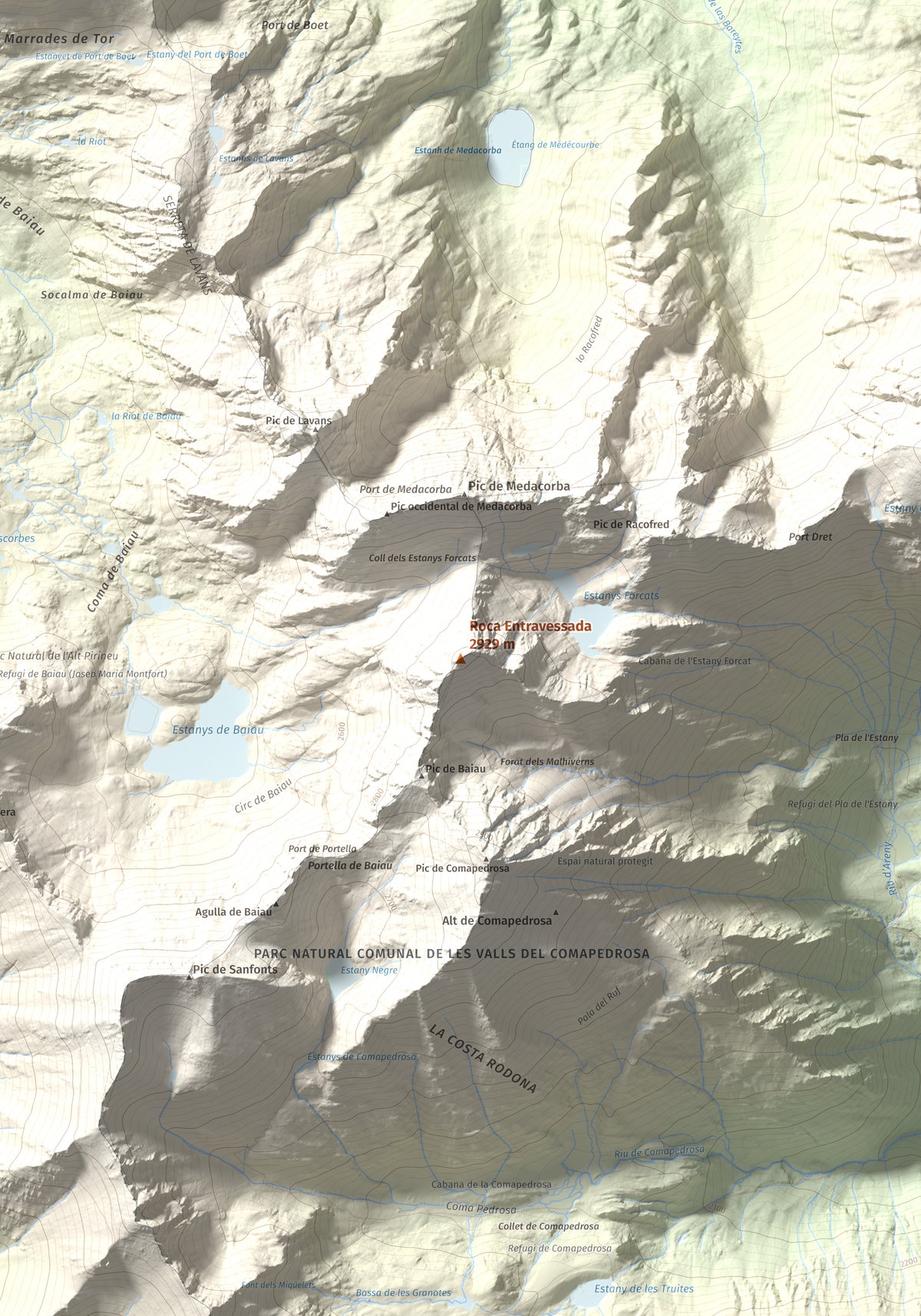 Mapa de relieve de Roca Entravessada, 2929 m, Andorra · Pallars Sobirà, lámina 100 Cims de Trobart. Detalle de la zona central. 70 × 100 cm.