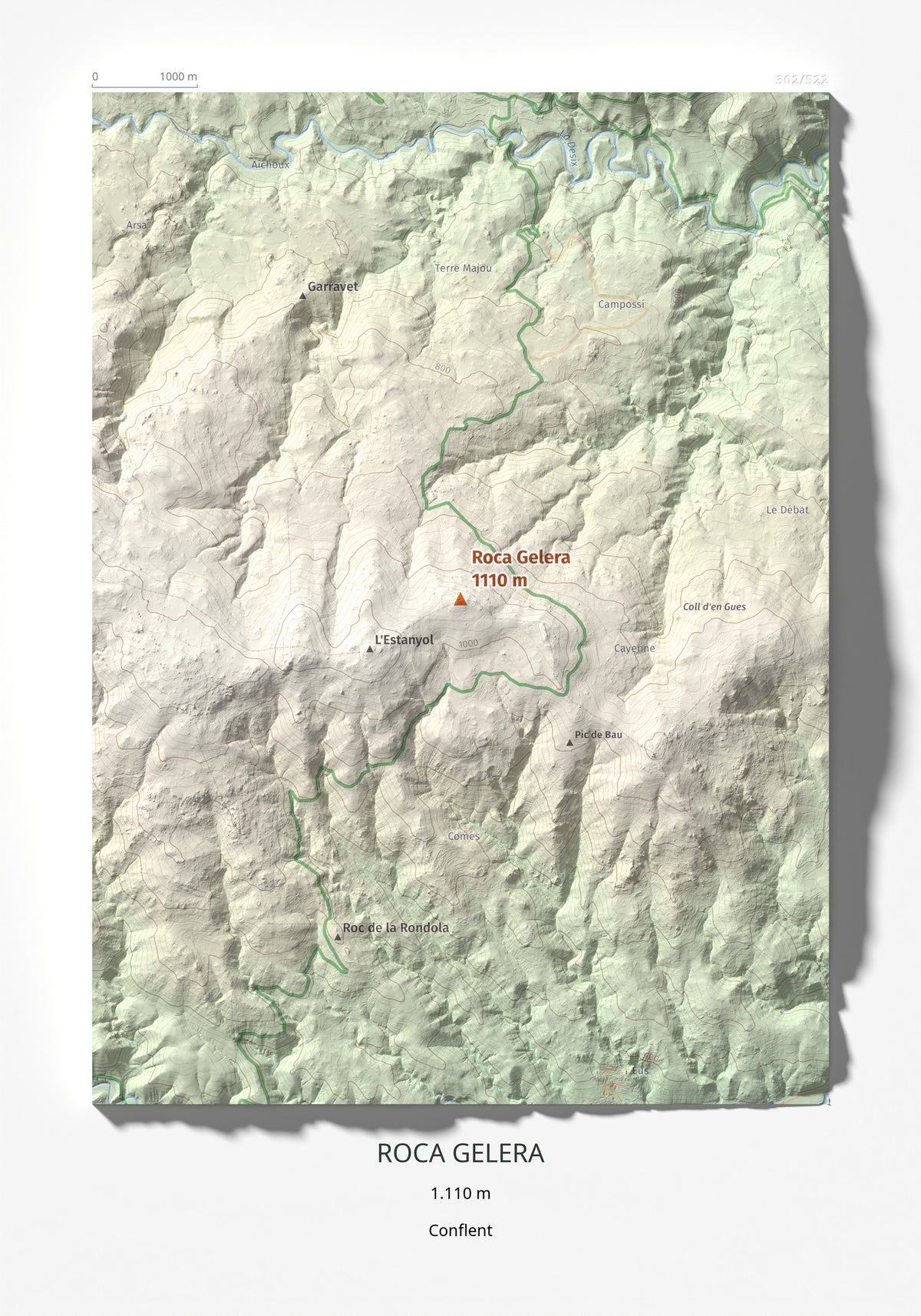 Mapa de relieve de Roca Gelera, 1110 m, Conflent, lámina 100 Cims de Trobart 21 × 30 cm.